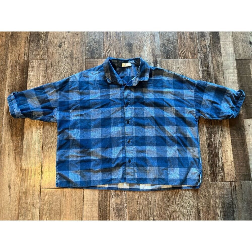 CP Shade Blue Fine Whale Corduroy Blue Plaid Check Button Down Top Shirt Medium